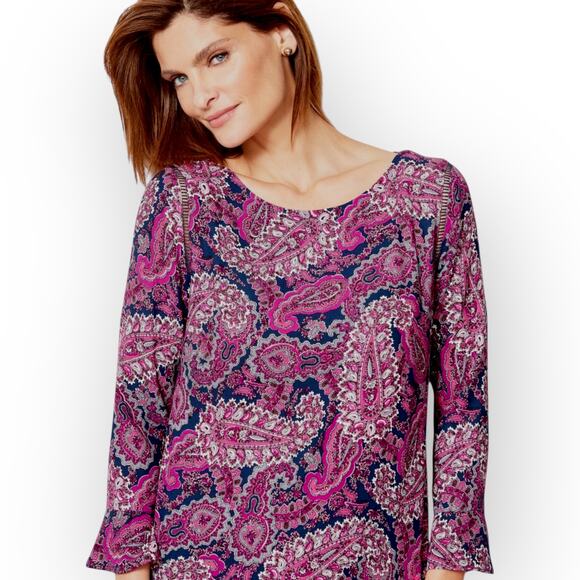 Talbots Women's Paisley Three-Quarter Peplum Sleeve Crepe Top L Fuchsia Purple - Picture 2 of 11